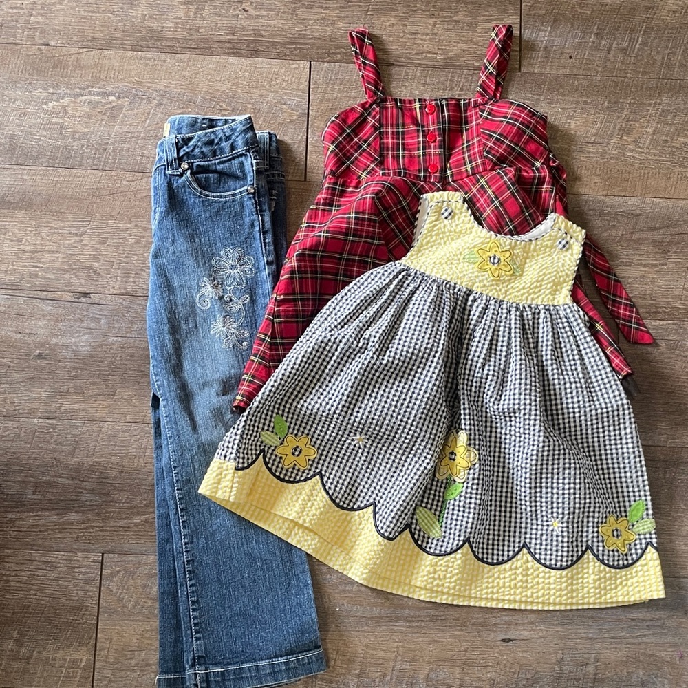 Girls Vintage Dresses & Y2K Paris Blues embroidered Denim Jeans Bundle - 3 items